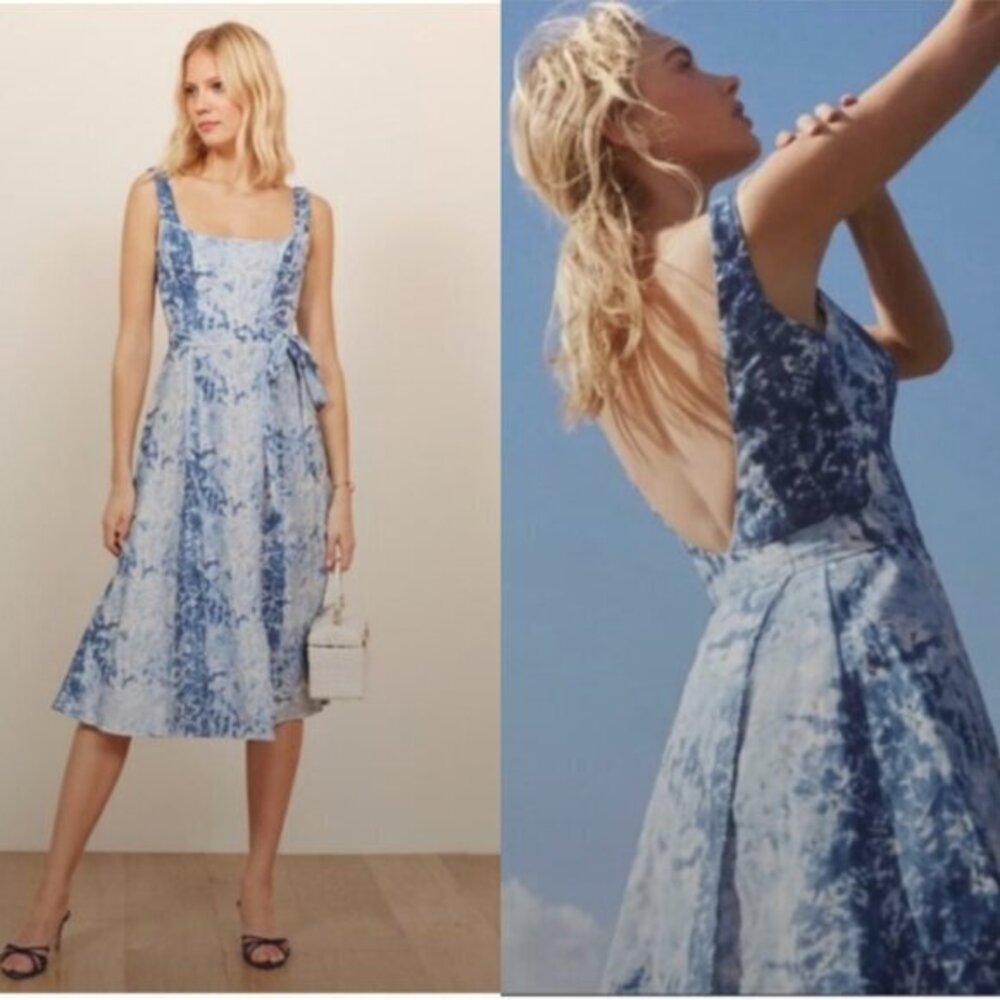 NWT Reformation Dress Garten Midi Wrap in Shibori Blue